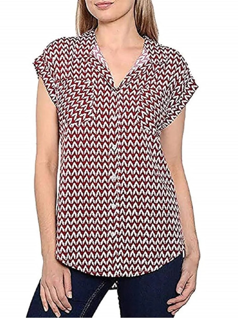 JACHS Girlfriend‎ Red White Print Button Front Blouse Size S